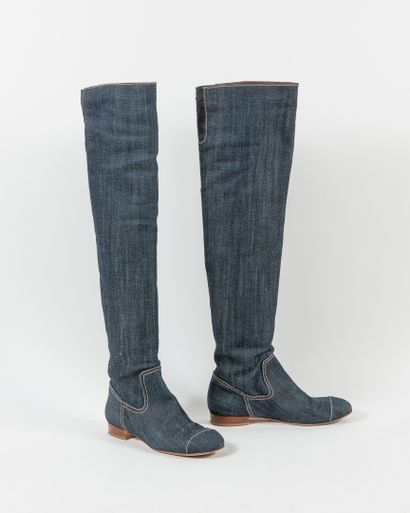CHANEL Pair of raw denim thigh-high boots with beige saddle stitching, round toe....