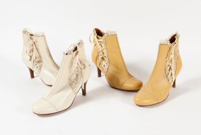 CHINE Lot comprising two pairs of round-toe ankle boots with cream lace trim, one...