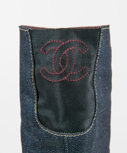 CHANEL Pair of raw denim thigh-high boots with beige saddle stitching, round toe....
