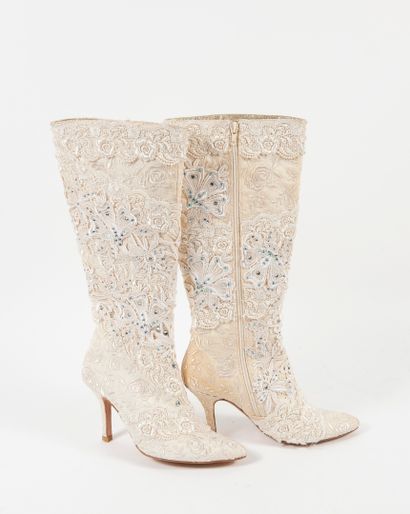 Belen DONATE Pair of cream lace pointy toe boots with flower motifs and rhinestones,...