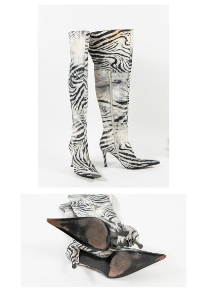 VICARI Pair of black and white zebra print canvas pointed-toe thigh boots with zip...