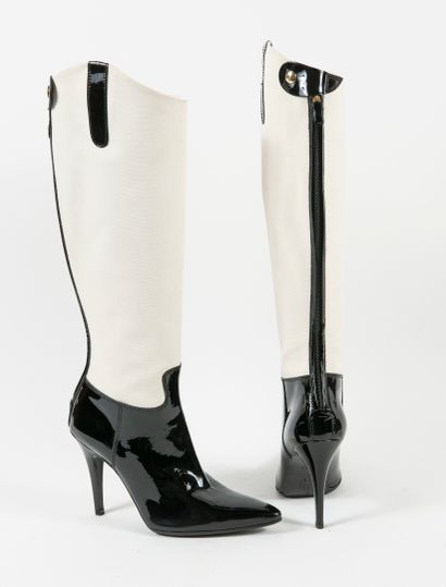 RALPH LAUREN Pair of cream canvas and black patent leather pointed-toe boots with...