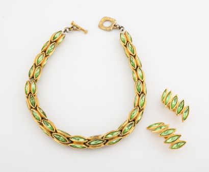 GOSSENS Paris Half set composed of a gilded metal necklace decorated with green rhinestones...