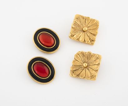 SCHERRER Paris Pair of gilded metal ear clips featuring a square daisy on an amatized...