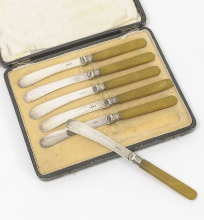 Angleterre Six butter spreaders, silver plated metal blade, bakelite handle.

Accidents...