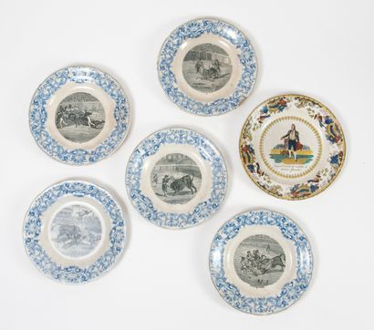 GIEN Six earthenware plates, three models, on the theme of bullfighting.

Signed.

Wear...