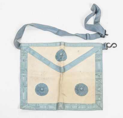 null Mason's apron with the border decorated with a sky blue fabric yoke and three...