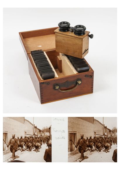 null Wooden box containing a set of glass plates, on the theme of the First World...