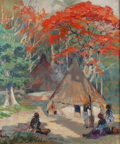 Henri Jean PONTOY (1888-1968) Village africain sous la flamboyants.

Huile sur toile.

Signée...
