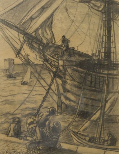 OSCAR EISHACKER (1881-1961) Sailboat in port. 

Charcoal on paper. 

Signed lower...