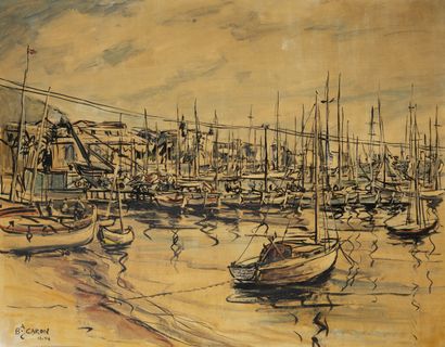 Ecole du XXème siècle Le port, 1954.

Huile sur isorel. 

Signé en bas à gauche "B.AC....