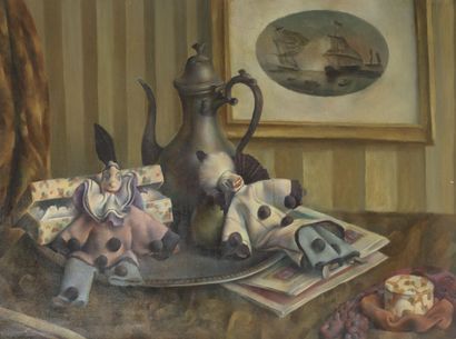 Albert BRABO (1894-1964) Still life with puppets. 

Oil on canvas.

Signed lower...