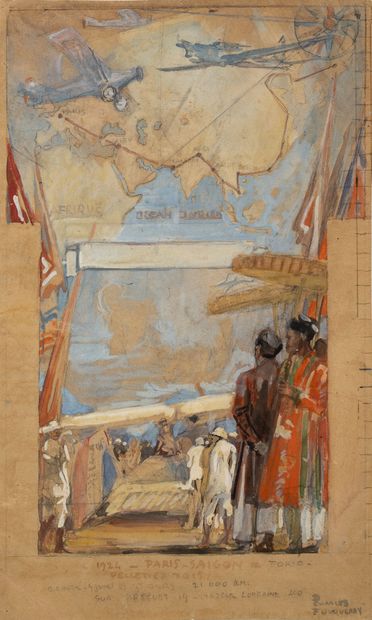 Charles FOUQUERAY (1869-1956) Projet d'affiche pour le raid Paris - Tokyo, 1924.

Mine...