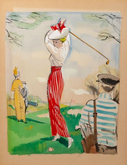 André DELFAU (1914-2000) Golfeuse, 1946. 

Encre, aquarelle et gouache sur papier.

Monogrammé...