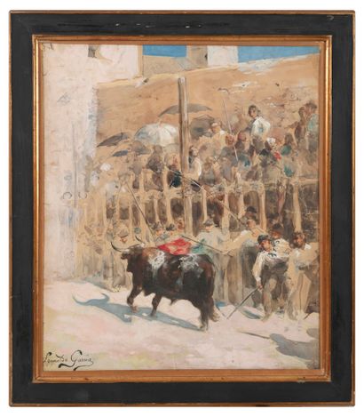 Leopoldo GARCIA RAMON (1876-1958) L'arrivée du taureau.

Gouache sur papier.

Signé...
