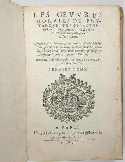 null The moral works of Plutarch. 

Tome one. 

At Abel l'angelier, Paris, 1587.

one...