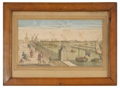 Lot de 5 gravures vues d'optique : - Barques et bateaux en bord de mer. 

24 x 38.5...