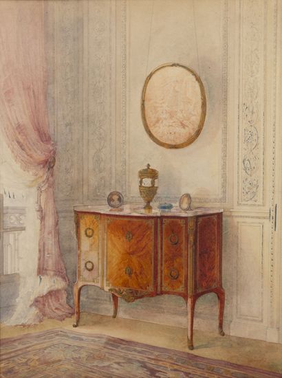 Ecole dans le goût du XVIIIème siècle Vues d'intérieurs au mobilier Louis XV, Transition...