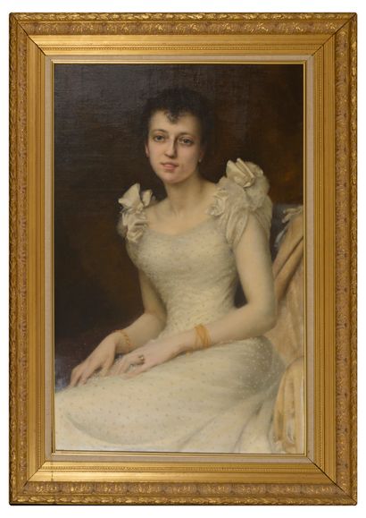 Jules Victor VERDIER (1862-1926) Portrait of a young woman sitting in a white beaded...
