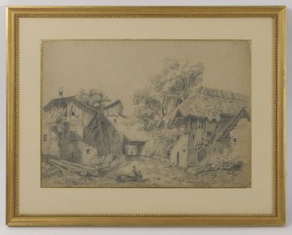 Ecole du XIXème siècle Animated farmhouse. 

Graphite on paper. 

Signed "RA Fearnude"...