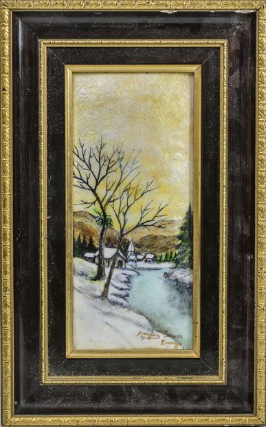 MARYLOU FAUVET, LIMOGES - The river and the village in winter. 

Polychrome enamelled...