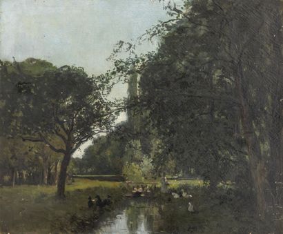 Alfred DIDIER (1840-1892) Fermière devant un fossé en eau animé de canards.

Huile...