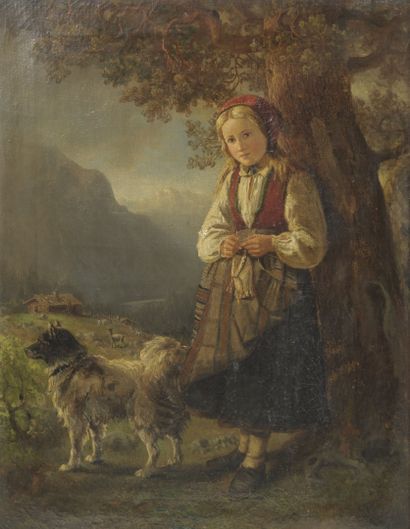 Ecole du XIXème siècle Jeune bergère tricotant et son chien. 

Huile sur toile.

Traces...
