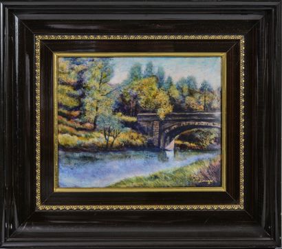 MARYLOU FAUVET, LIMOGES - The bridge in autumn. 

Polychrome enamelled copper plate....