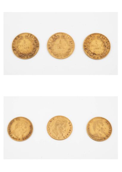 France Lot de trois pièces de 5 francs or, Napoléon III : 1859 Paris, 1860 Paris,...