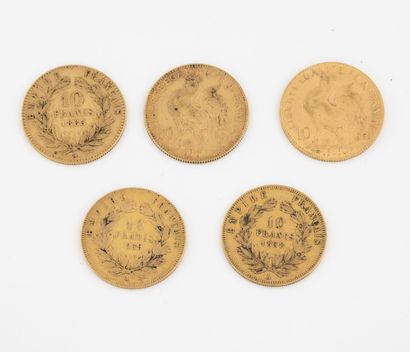 France Lot de 5 pièces de 10 francs or : 

- Napoléon III, 1858 Paris, 1859 Paris,...