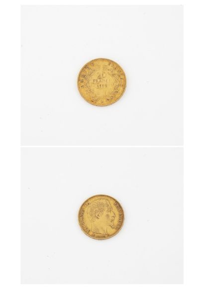 France Pièce de 20 francs or, Napoléon III, Tête nue, 1859 Paris.

Poids : 6,4 g.

Usures...