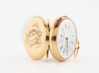  Yellow gold (750) pocket watch 
Numerical back cover. 
White enamelled dial, hour...
