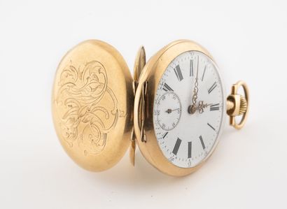  Yellow gold (750) pocket watch 
Numerical back cover. 
White enamelled dial, hour...
