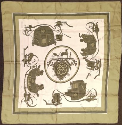 HERMES, Paris Printed silk twill square with khaki carriages on a white background...