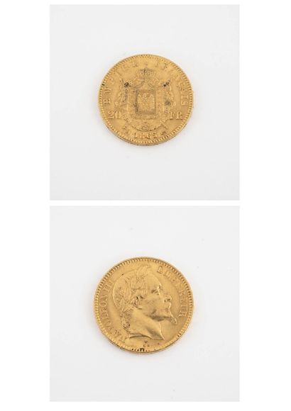France 20 francs gold coin, Napoleon III, 1865 Paris. 
Weight : 6.4 g. 
Wear.
