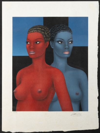 Félix Labisse (1905-1982) Femmes bleu et rouge. 

Lithographie en couleurs sur papier....