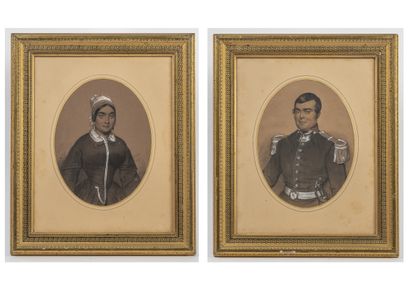 PIDOUX (XIXème) Portraits d'un homme en officier et d'une femme au bonnet. Août 1848.

Paire...