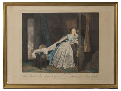 Lot de 4 gravures anciennes : - The sneaky kiss. 
- The lock. 
Forming a pendant....