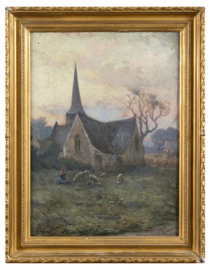Albert CHARPIN (1842-1924) Bergère et brebis devant une église, à la tombée du soir....