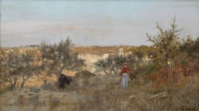 C. MAGNIEN (XIX-XXème siècle) Young woman with a mop in a southern landscape. 

Oil...