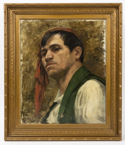 École de la fin du XIXème siècle Portrait d'homme au foulard rouge. 

Huile sur toile.

46...