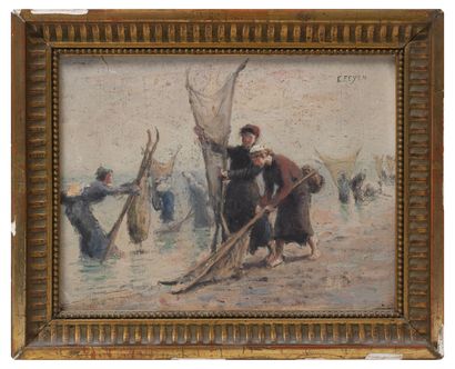 Eugène FEYEN (1815-1908) Pécheurs à l'épuisette. 

Gouache. 

Signée en haut à droite.

13...