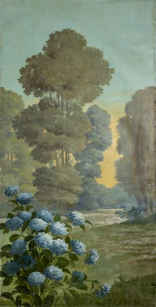 Ecole du XIXème siècle Paysage arboré avec buisson d'hortensias bleus au premier...