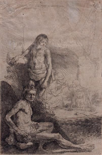 Harmensz Van Rijn REMBRANDT (1606-1669) Homme nu assis, un autre debout attend. (K.G....