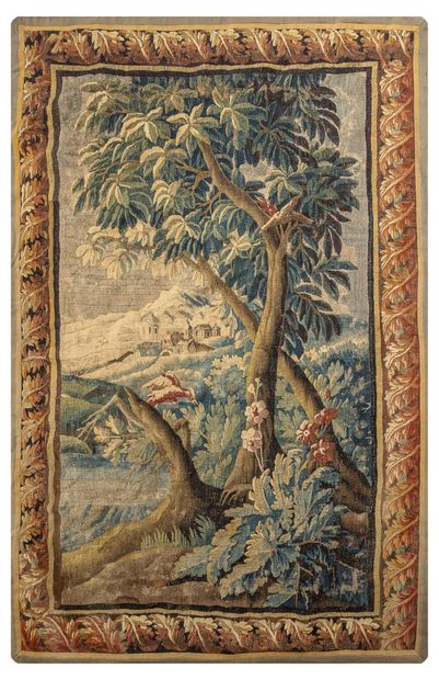 AUBUSSON, début du XVIIIème siècle, Verdure au paysage arboré, animé de deux oiseaux,...