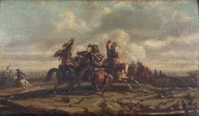 Jules van IMSCHOOT (1821 - 1884) Cavalry shocks.

Two oil on panel forming a pendant....