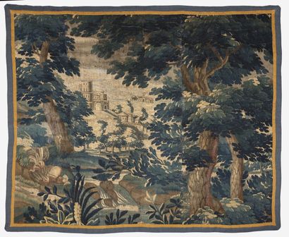 AUBUSSON, fin du XVIIème ou début du XVIIIème siècle Verdure à décor d'un paysage...