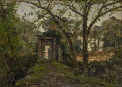 Attribuée à Emmanuel LANSYER (1835-1893) Porte d'entrée du château de Clisson.

Huile...
