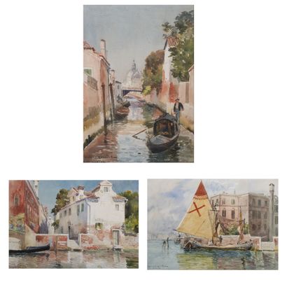 Gaston ROULLET (1847-1925) Three views of Venice (gondola and gondolier in a rio,...