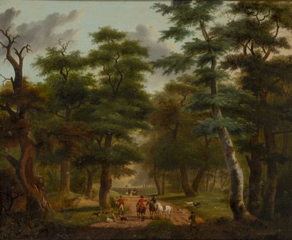 Philippe BUDELOT (act. 1793-1841) Fin de chasse, rappel de la meute.

Huile sur toile.

Trace...